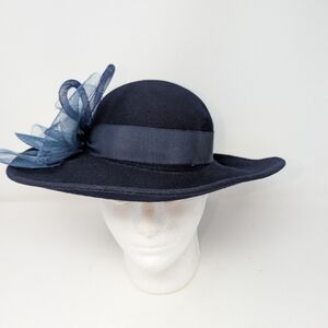 Navy Blue 100% Wool Felt Hat For Church Derby. With Large Flower Accent